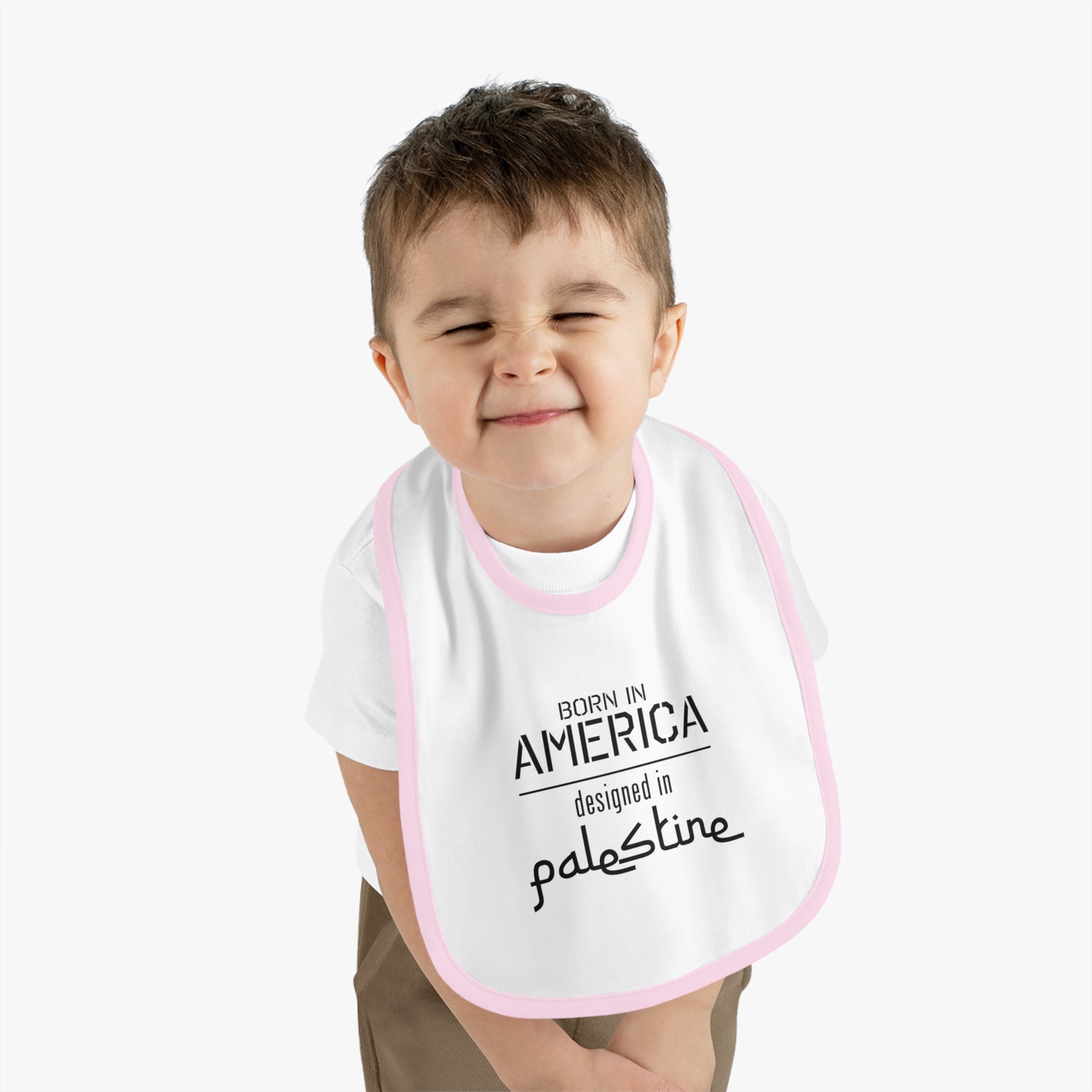 Baby Trim Jersey Bib - "Born in America, Designed in Palestine"