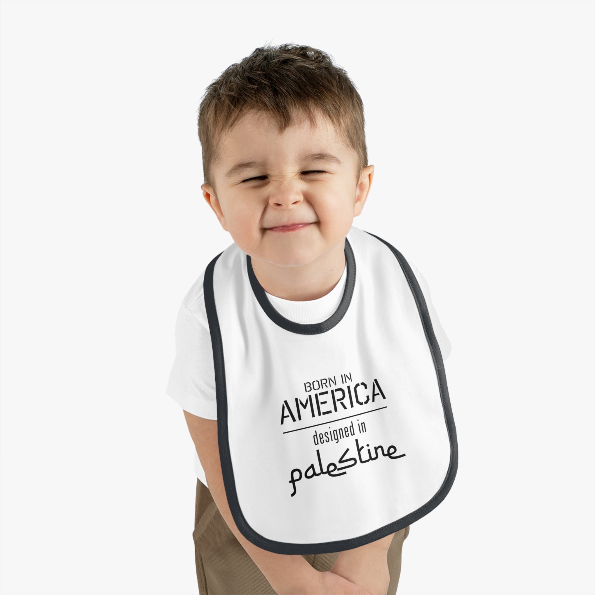 Baby Trim Jersey Bib - "Born in America, Designed in Palestine"