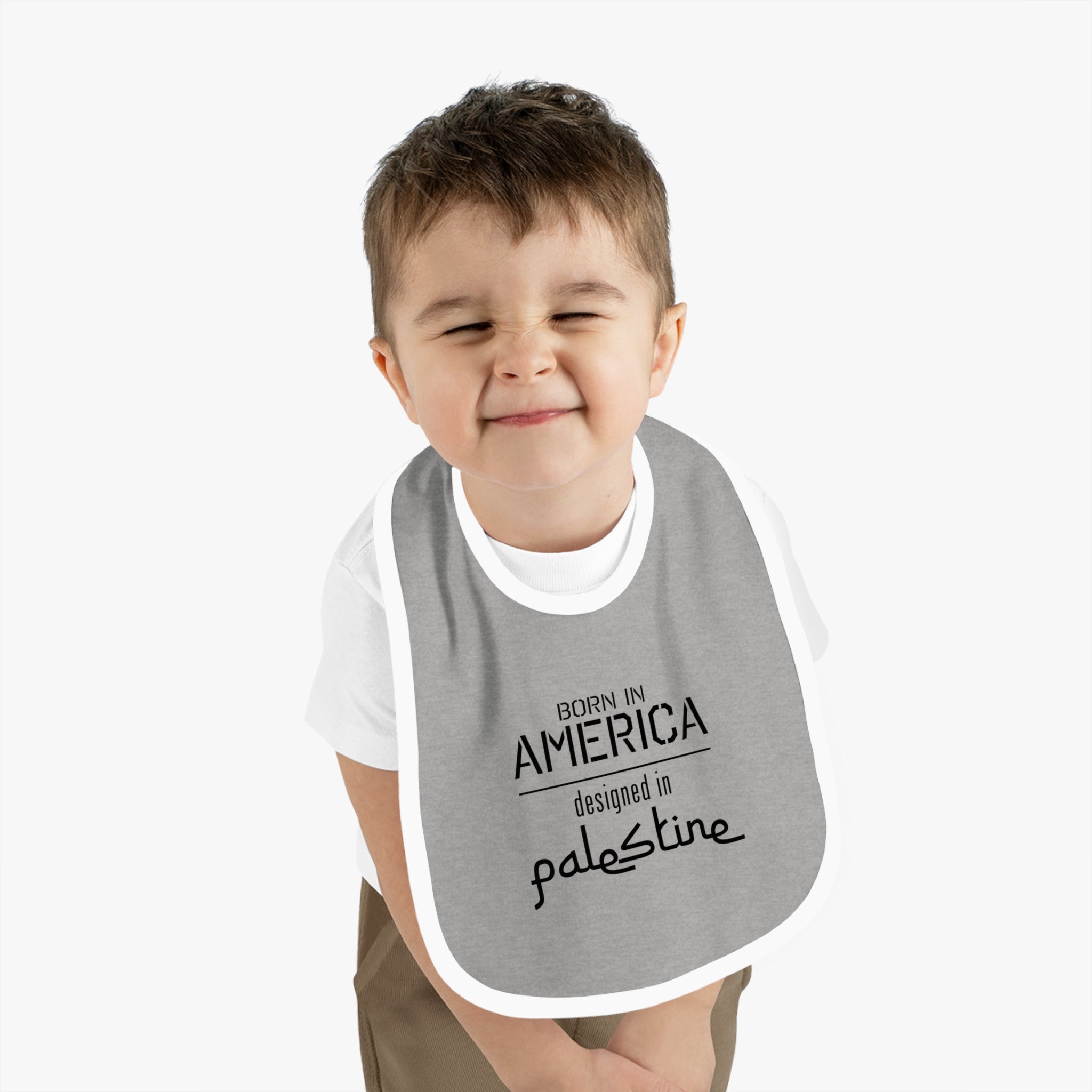 Baby Trim Jersey Bib - "Born in America, Designed in Palestine"