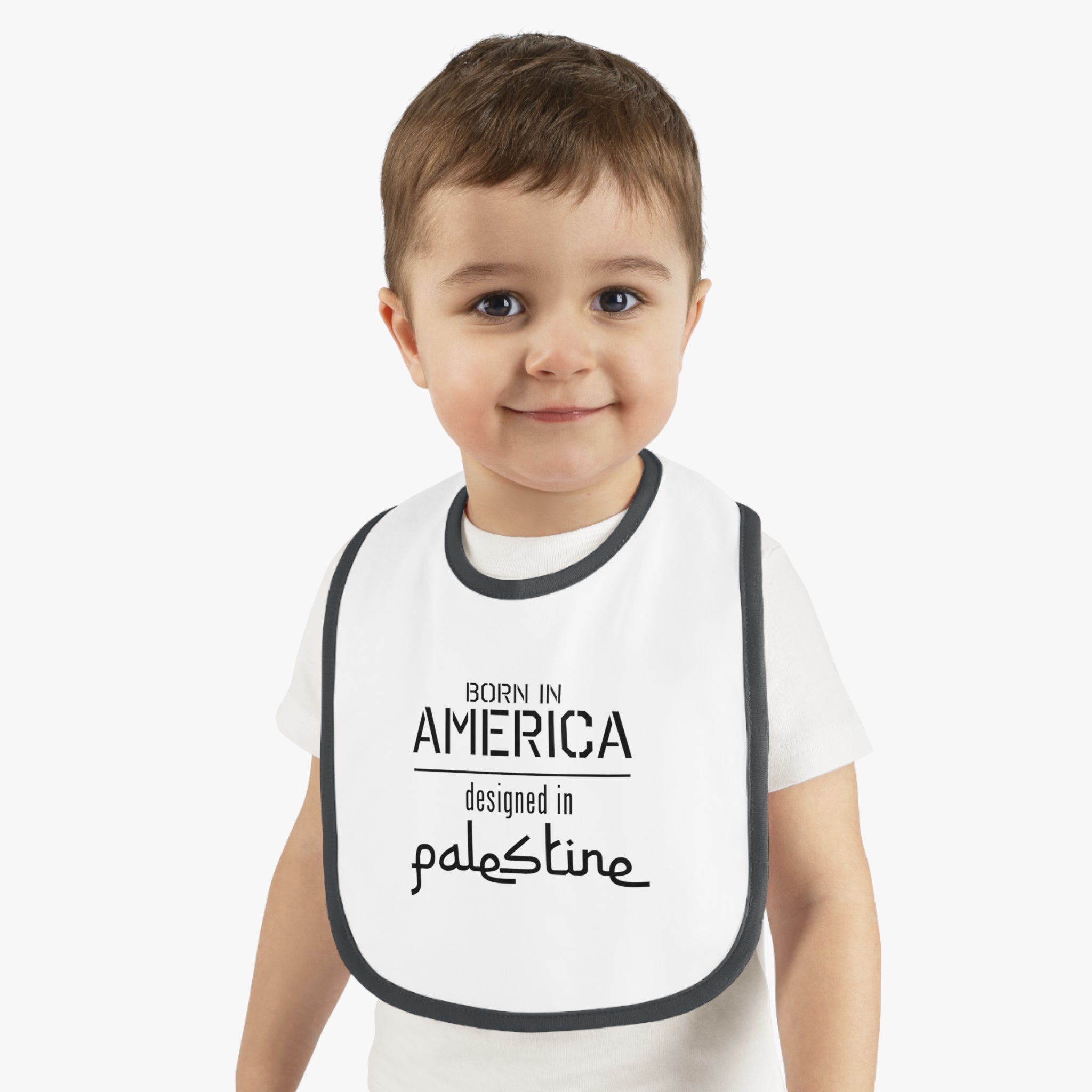 Baby Trim Jersey Bib - "Born in America, Designed in Palestine"